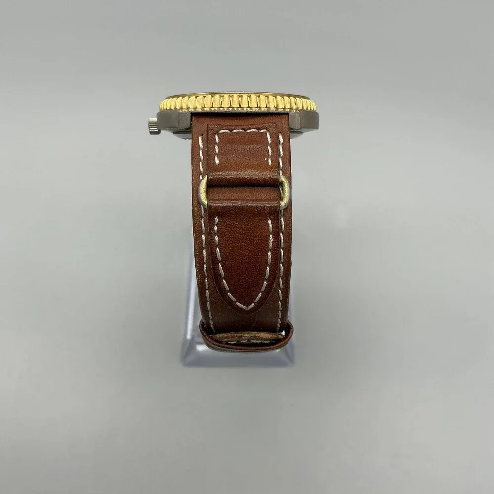 Vintage Helbros Mens Watch 37mm Leather Two Tone Bezel Date New Battery